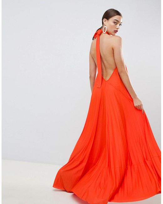 ASOS Backless Halter Pleated Maxi Dress in Orange | Lyst