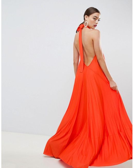 Vestido largo con diseo plisado de espalda al aire y cuello halter de ASOS  de color Naranja | Lyst