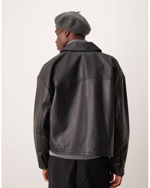 ASOS – hochwertige harrington-jacke mit kurzem schnitt aus echtem leder in Black für Herren