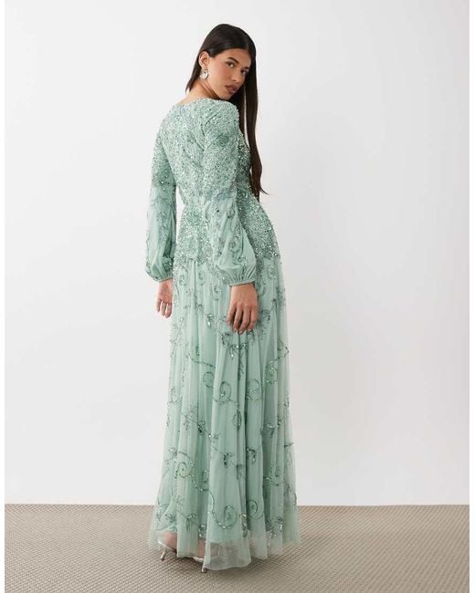 Beauut Green Fully Embellished Beaded Mesh Overlay Balloon Sleeve Maxi Dress