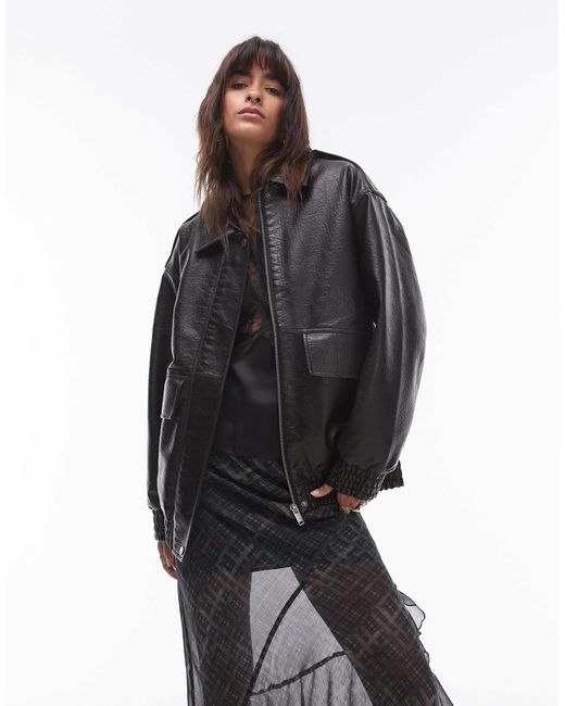 TOPSHOP Black Faux Leather Oversized Bomber Jacket
