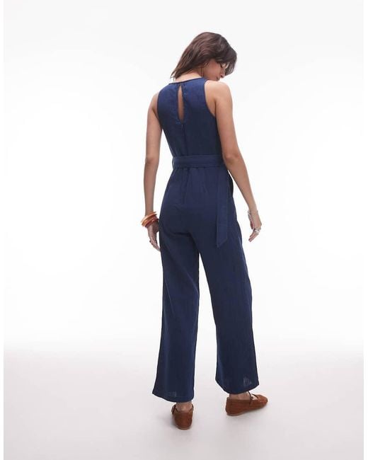 Mango Blue Straight Leg Denim Jumpsuit With Belt Detail