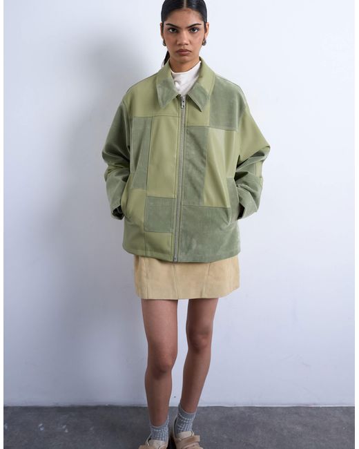 TOPSHOP Green Faux Suede Patchwork Zip Through Jacket