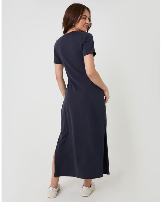 Threadbare Blue Tie Front Side Split Cotton Jersey Midi Dress