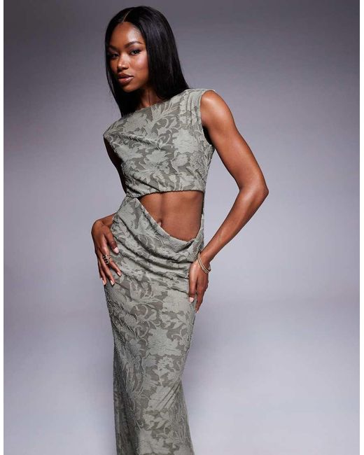 ASOS Gray Slash Neck Burnout Maxi Dress With Waist Cut Out And Scoop Back