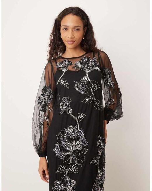 Maya Black Floral Embellished Tulle Overlay Long Sleeve Maxi Dress
