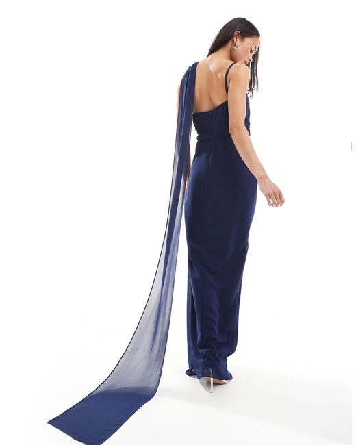 L'invitée - robe longue asymétrique torsadée devant avec détail foulard TFNC London en coloris Blue