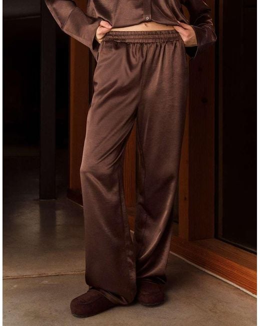 4th & Reckless Brown Satin Elasticated Waist Wide Leg Trouser Co-ord