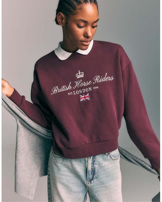 Stradivarius Brown Embroidered Polo Collar Sweatshirt