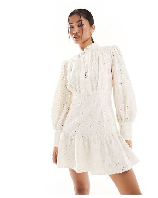Bardot White Embroidered Long Sleeve Mini Dress