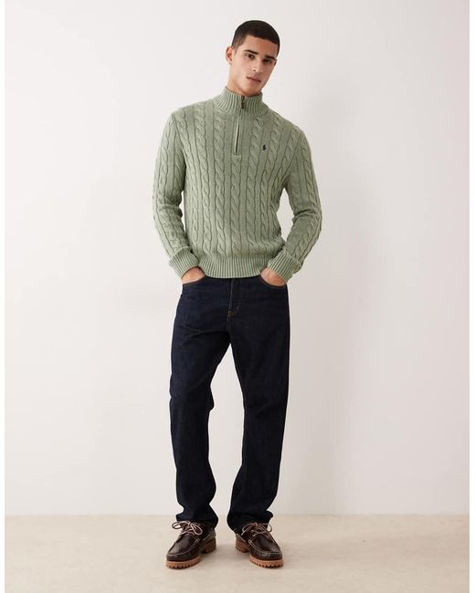 Polo Ralph Lauren Green Driver Icon Logo Cotton Cable Knit Half Zip Jumper for men