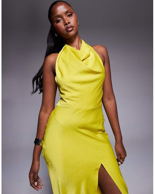 ASOS Yellow Satin High Neck Midi Dress With Cross Strap Detail