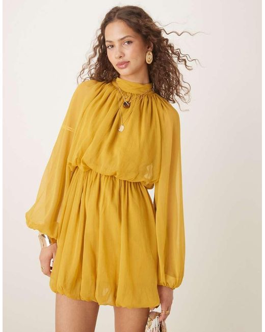 ASOS Yellow Long Sleeve Blouson Mini Dress With Skirt