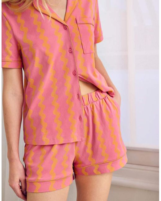 Chelsea Peers Pink Cotton Sunset Wavy Stripe Button Up Short Pyjama Set