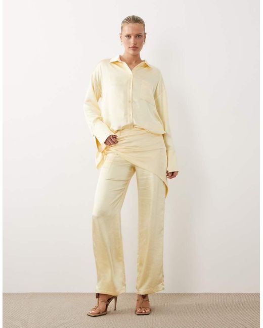 4th & Reckless Natural Satin Wrap Tie Detail Wide Leg Trousers Co-Ord