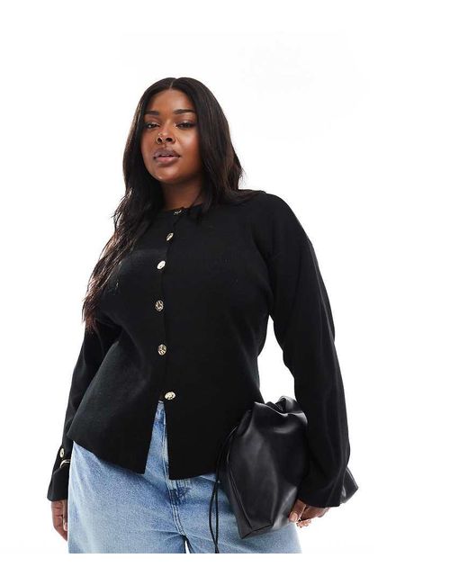 ASOS Blue Asos Design Curve Knitted Structured Crew Neck Cardigan With Gold Buttons