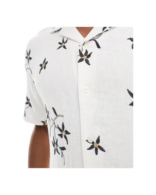 Chemise manches courtes en lin mélangés à fleurs brodées et col à revers Abercrombie & Fitch pour homme en coloris White