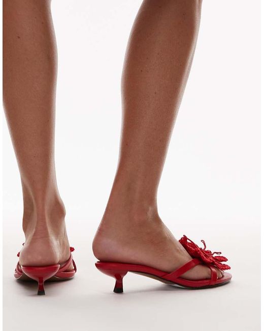 TOPSHOP Red Ish Kitten Heeled Sandal With Knitted Flower