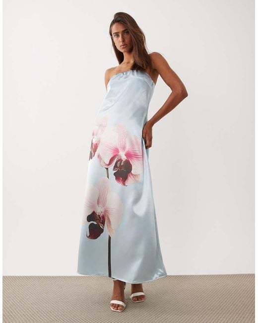 Y.A.S White Placement Orchid Satin Bandeau Maxi Dress