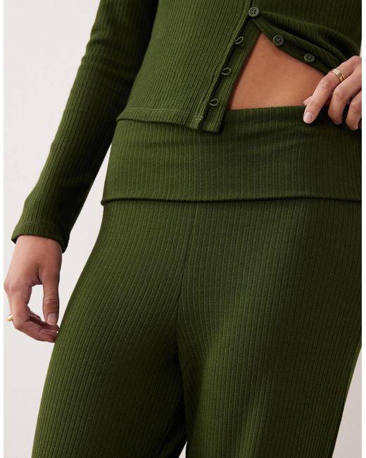 ASOS Green Co-ord Rib Fold Over Waist Trouser With Ruched Detail