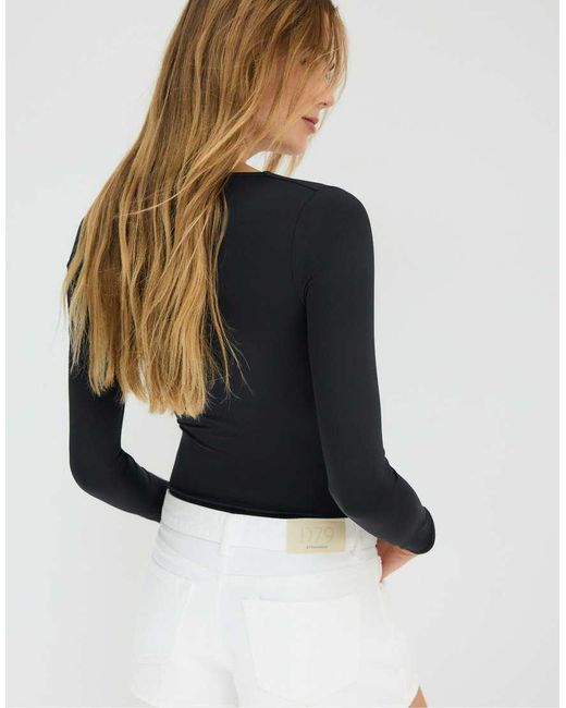 Stradivarius Black Polyamide Bodysuit With Square Neckline