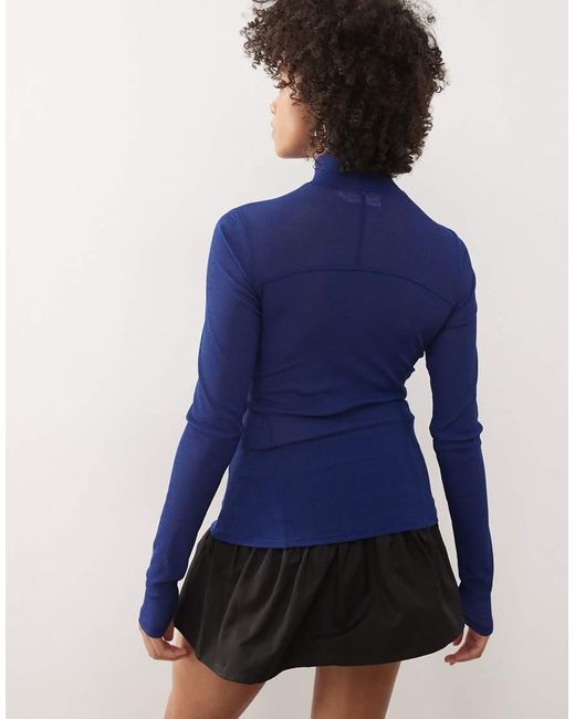 Weekday Blue High Neck Mesh Long Sleeve Top