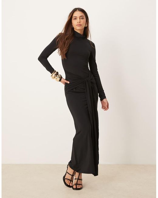 Gina Tricot Black Long Sleeve Turtle Neck Maxi Dress With Tie Front Side Detail