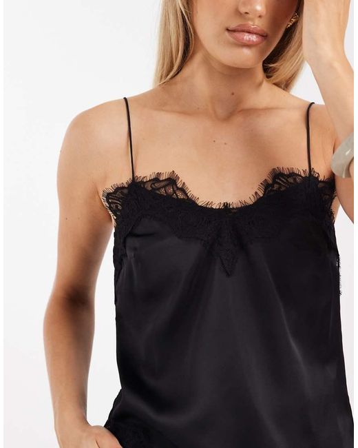 New Look Black Longline Asymmetric Lace Trim Satin Cami Top