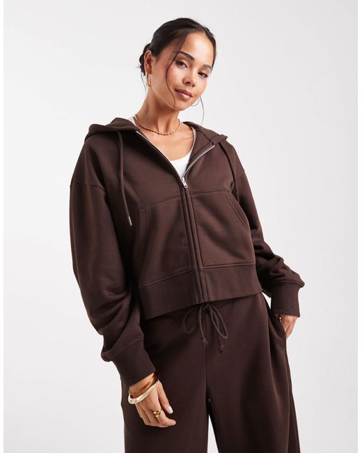 ASOS Brown Cropped Zip Up Brushback Hoodie