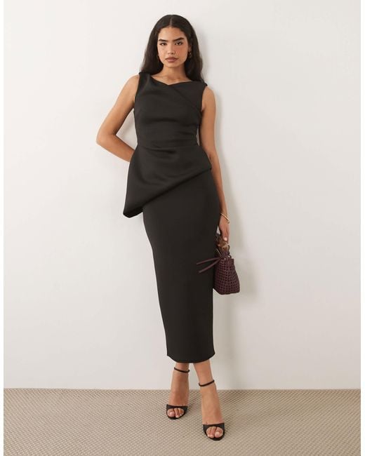 asos black asymmetric dress ASOS Long Sleeve Asymmetric Neckline Maxi Dress With Front Tie Sash in Black