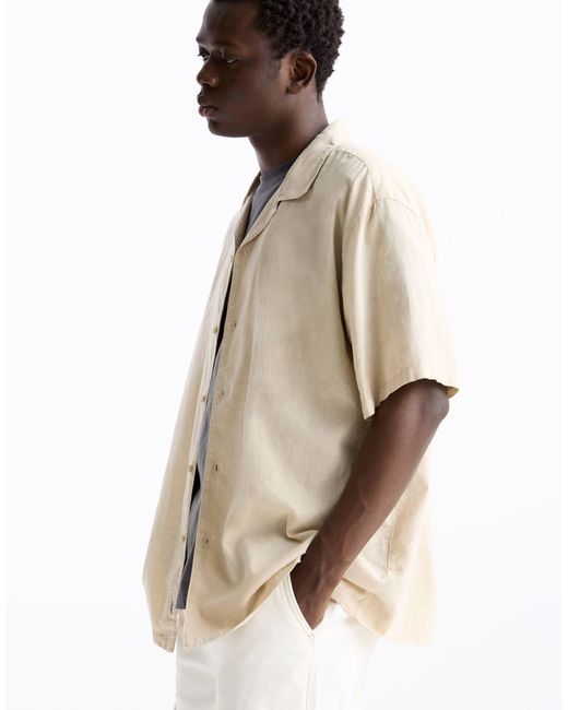 Camicia color sabbia effetto lino con colletto a rever di Pull&Bear in Natural da Uomo