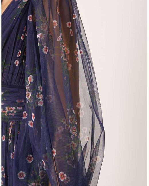 LACE & BEADS Maxi-Jurk Met Diepe V-Hals, Doorschijnende Klokmouwen En Bloemenprint in het Blue