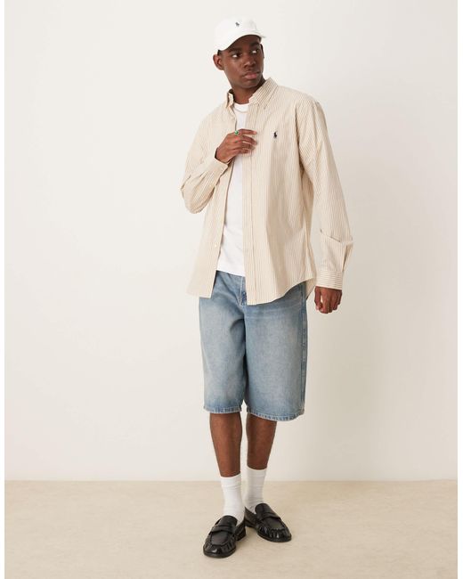 Polo Ralph Lauren Natural Icon Logo Stripe Stretch Poplin Shirt Custom Fit for men