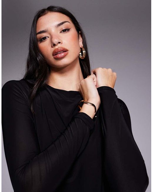 Fashionkilla Black Exclusive Double Sculpted Slinky Long Sleeve Fold Over Waist Detail Open Tie Back Mini Dress