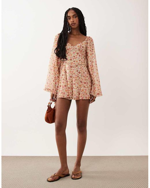 Miss Selfridge Brown Chiffon Long Sleeve Playsuit