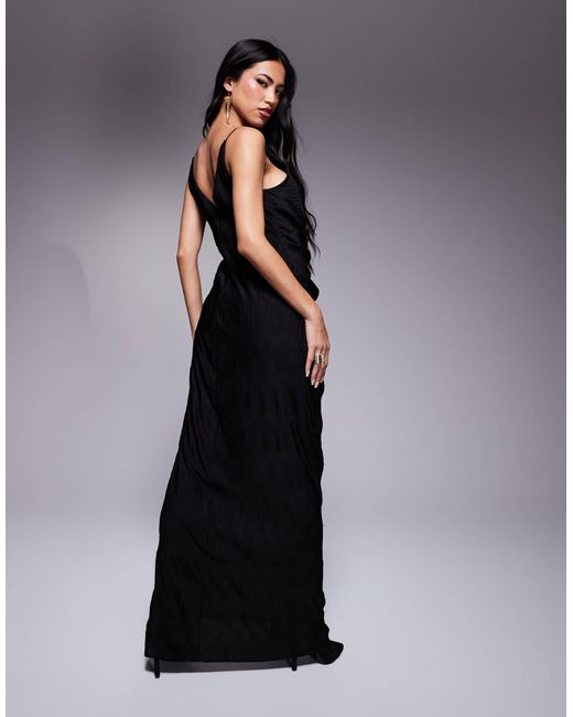 ASOS Black Plisse Cami Maxi Dress With Waterfall Corsage Ruffle