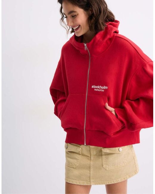 Stradivarius Red Zip-Up Hoodie