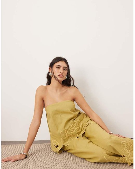 ARRANGE Yellow Cotton Embroidered Floral Cutwork Longline Bandeau Top Co-ord