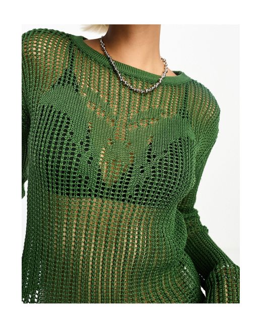 Daisy Street 90s Ladder Knit Jumper With Butterfly Placement in Green