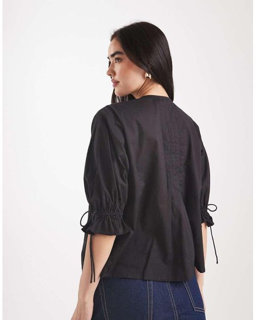 ASOS Blue Ruffle Front Top With Pleat Detail And Tie Front