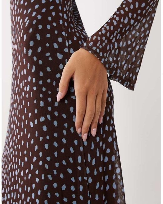 Never Fully Dressed Brown Mesh Overlay Boat Neck Flare Sleeve Maxi Dress