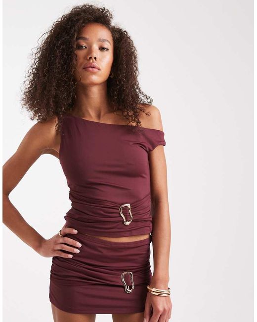 Edikted Red Co-ord Kenia Absract Ring Off Shoulder Top