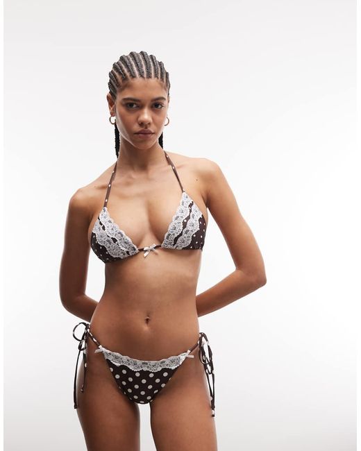 Daisy Street Brown Triangle Bikini Top And Tie Side Bottoms With Lace