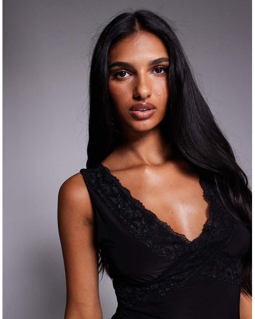 Fashionkilla Black Double Sculpted Slinky Lace Trim V Neck Tank Top
