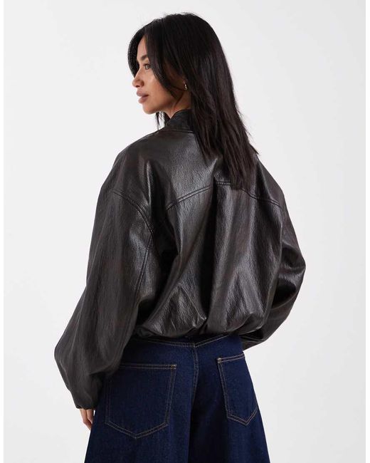 ASOS Black Asos Design Petite Washed Leather Look Oversized Bomber Jacket
