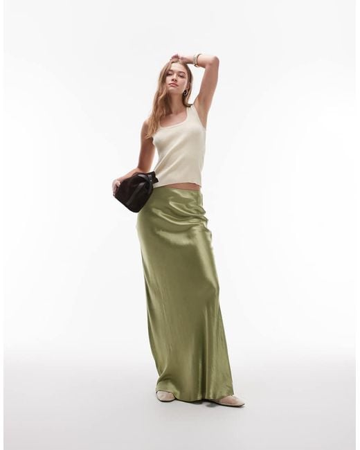 TOPSHOP Green Satin Bias Maxi Skirt