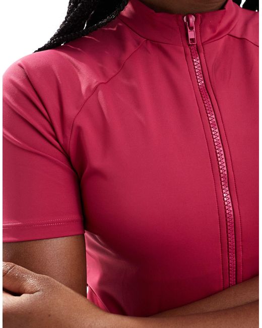 Threadbare Red Sporty Short Sleeve Swimsuit With Zip Front And High Neck