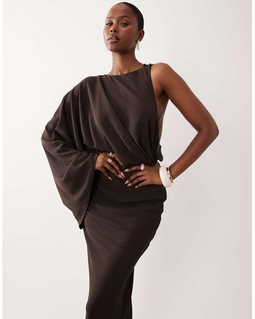 ASOS Brown One Shoulder Drape Back Column Maxi Dress