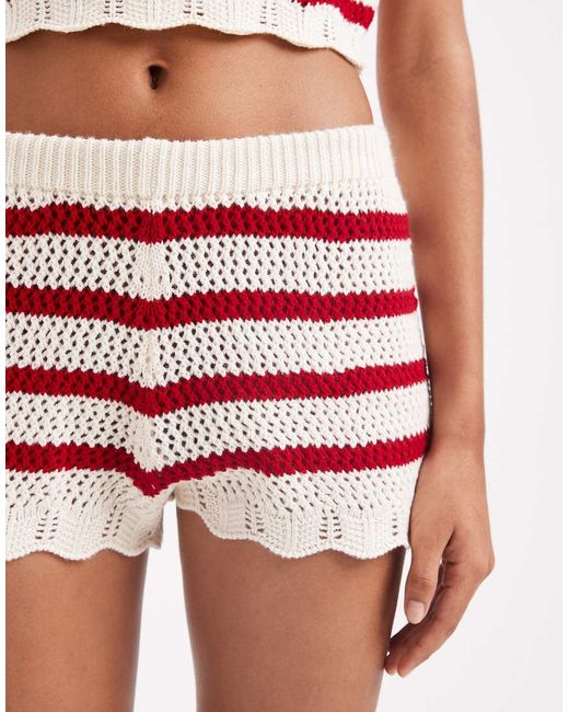 Miss Selfridge Red Knitted Stripe Crochet Booty Shorts Co Ord