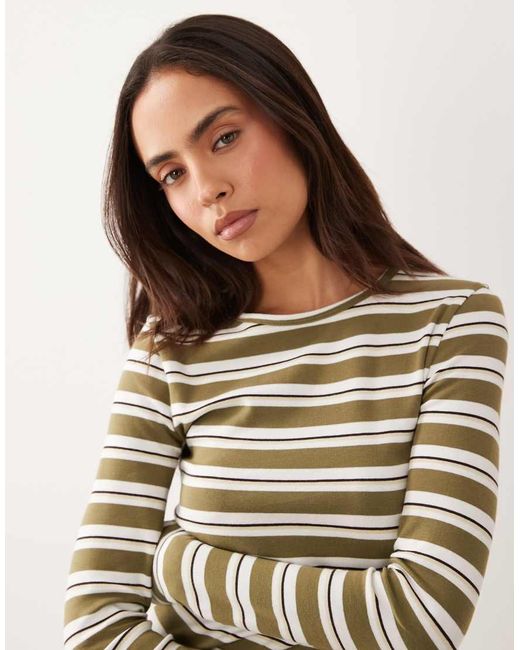 Gina Tricot Brown Jersey Rib Round Neck Long Sleeve Top